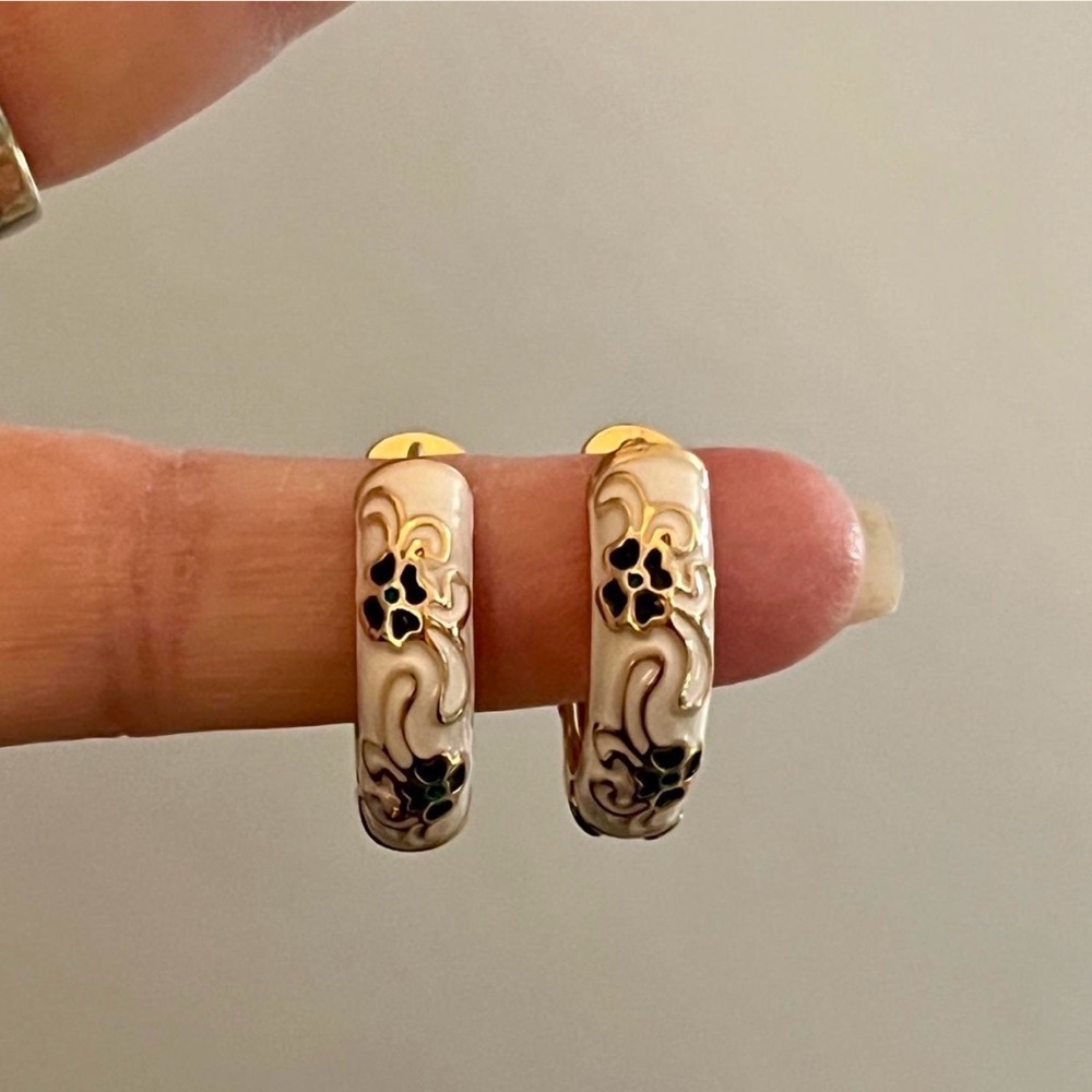 New Beautiful White, Gold & Black Cloisonné Hoop Earrings